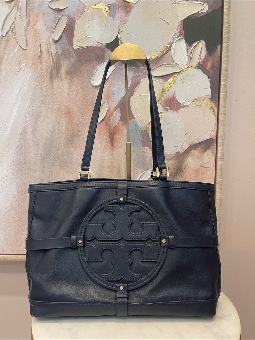 Tory Burch Dark Blue Holly Leather Logo Tote with Gold Hardware